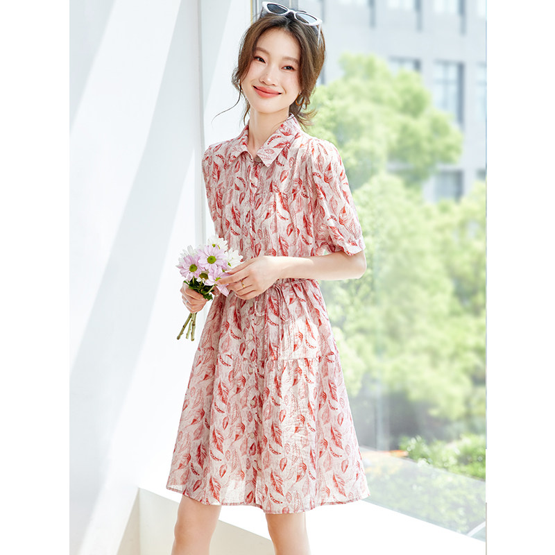小个子POLO领短袖连衣裙女夏季2025新款气质印花短款A字裙子显瘦