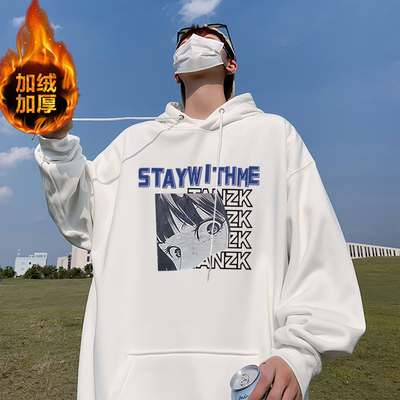 男冬季加绒连帽卫衣外套青少年初中学生纯棉加厚带帽衫上衣秋冬款