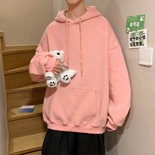 冬季青少年男生加绒加厚粉色连帽卫衣男初中高中学生带帽衫秋冬款