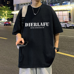 美式夏季男生短袖t恤上衣服男潮牌高街潮流宽松5分袖大码纯棉百搭