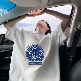 夏天潮牌简约青少年短袖t恤衫男高中初中学生纯棉胖子加肥加大码
