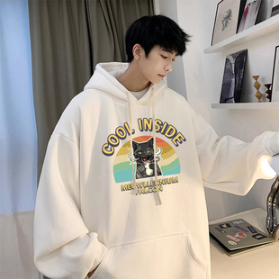 秋季白色卫衣男款连帽青少年带帽衫外套初中学生男生套头衫春秋款