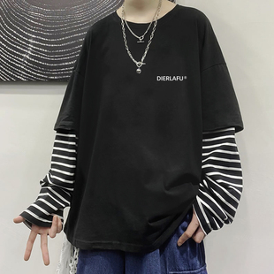 t恤男潮流初中高中学生上衣纯棉春秋款 春季 假两件青少年男生长袖