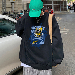 冬季青少年男生加绒加厚卫衣不带帽男潮牌圆领初中高中学生秋冬款