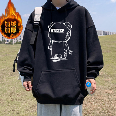 秋冬季男初中生纯棉连帽卫衣外套青少年加绒带帽衫保暖冬装上衣服