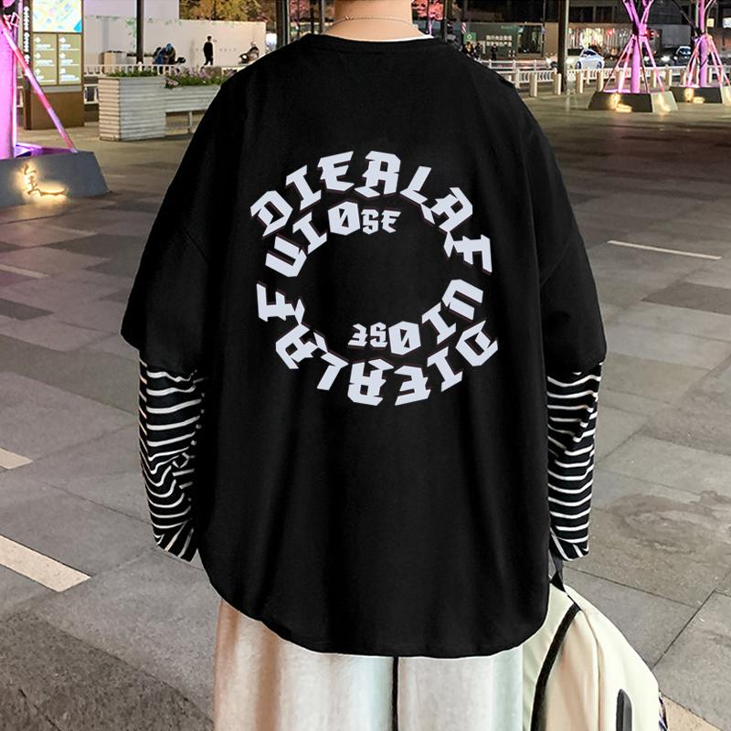 春季印花长袖纯棉t恤衫潮牌痞帅炸街男青少年体袖假两件上衣宽松