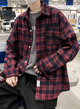 男生红格子衬衫男长袖潮流