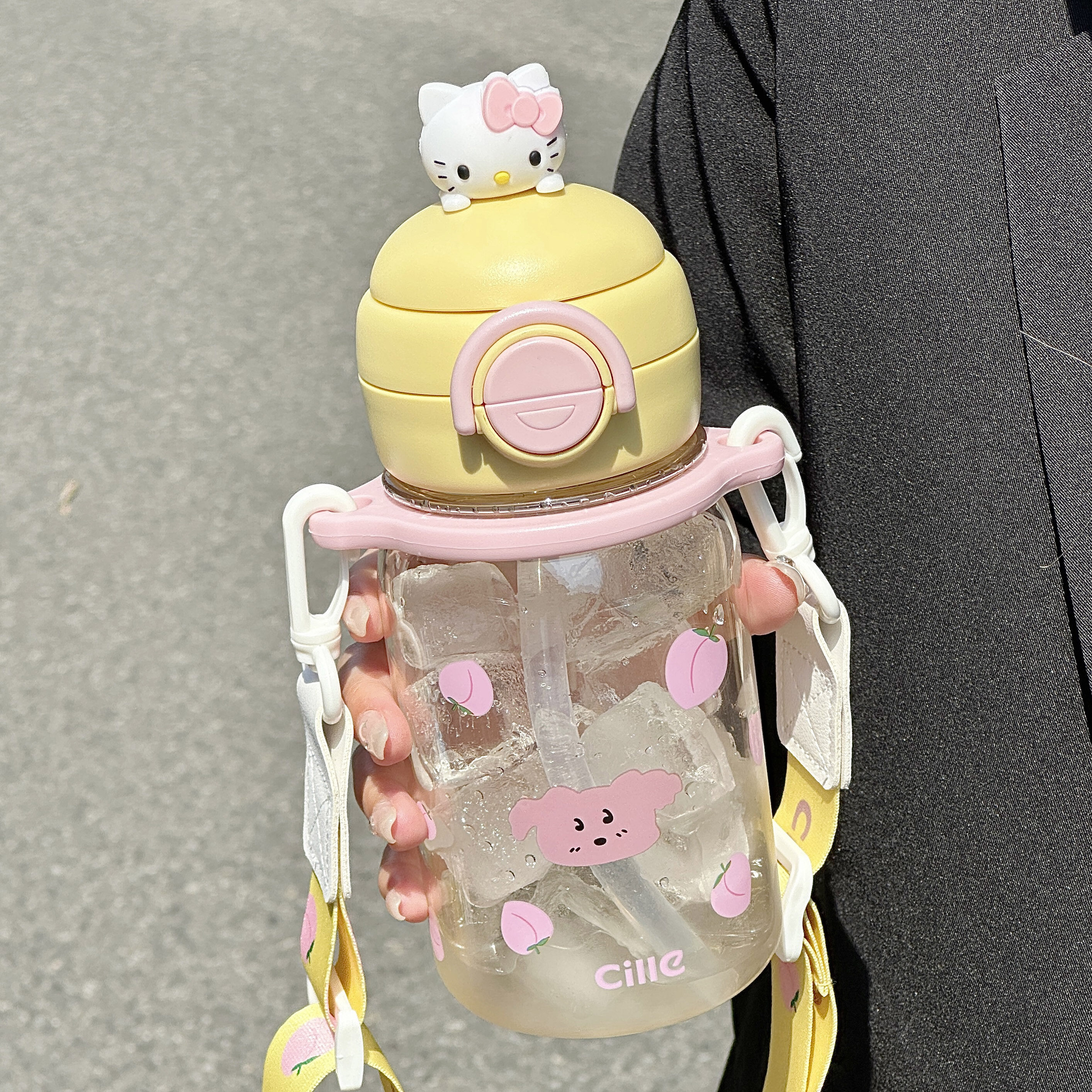 希乐PPSU儿童水杯女孩便携kitty吸管杯子幼儿园宝宝塑料双饮水壶