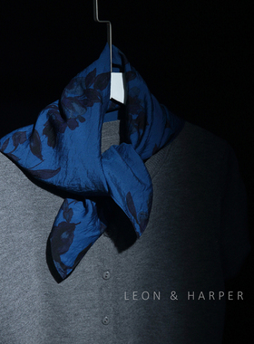 法式浪漫高货铜氨丝纯棉复古水鸭蓝手绘印花小方巾围巾领巾头巾女