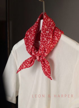法式浪漫定制小众高品质磨砂纯棉胭脂红碎花小方巾围巾领巾头巾女
