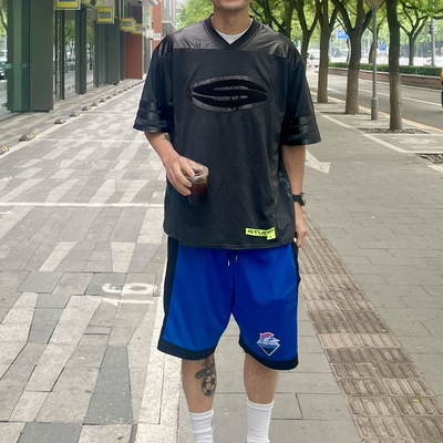 原D男新款美式街头潮牌54号网眼拼接植绒刺绣宽松短袖T恤球衣街舞