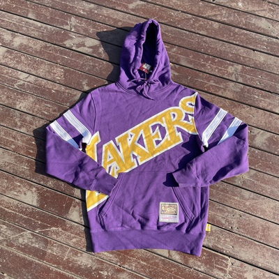 原新款美式潮牌篮球街头复古棉加绒厚实洛杉矶湖人队紫色帽衫宽松