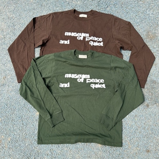 原D新款美式复古街头潮牌MOPQ纯棉水洗小领口宽松长袖T恤印花