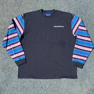 原D新款美式街头滑板潮牌AWKNY纯棉水洗条纹宽松休闲长袖T恤