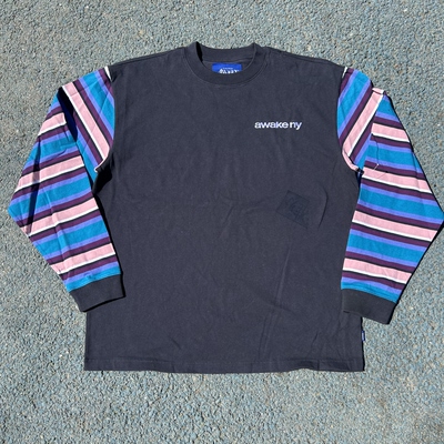 原D新款美式街头滑板潮牌AWKNY纯棉水洗条纹宽松休闲长袖T恤