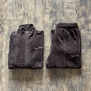 街头复古滑板潮牌MOPQ金丝绒水洗宽松休闲校服卫裤 套 美式 原D新款