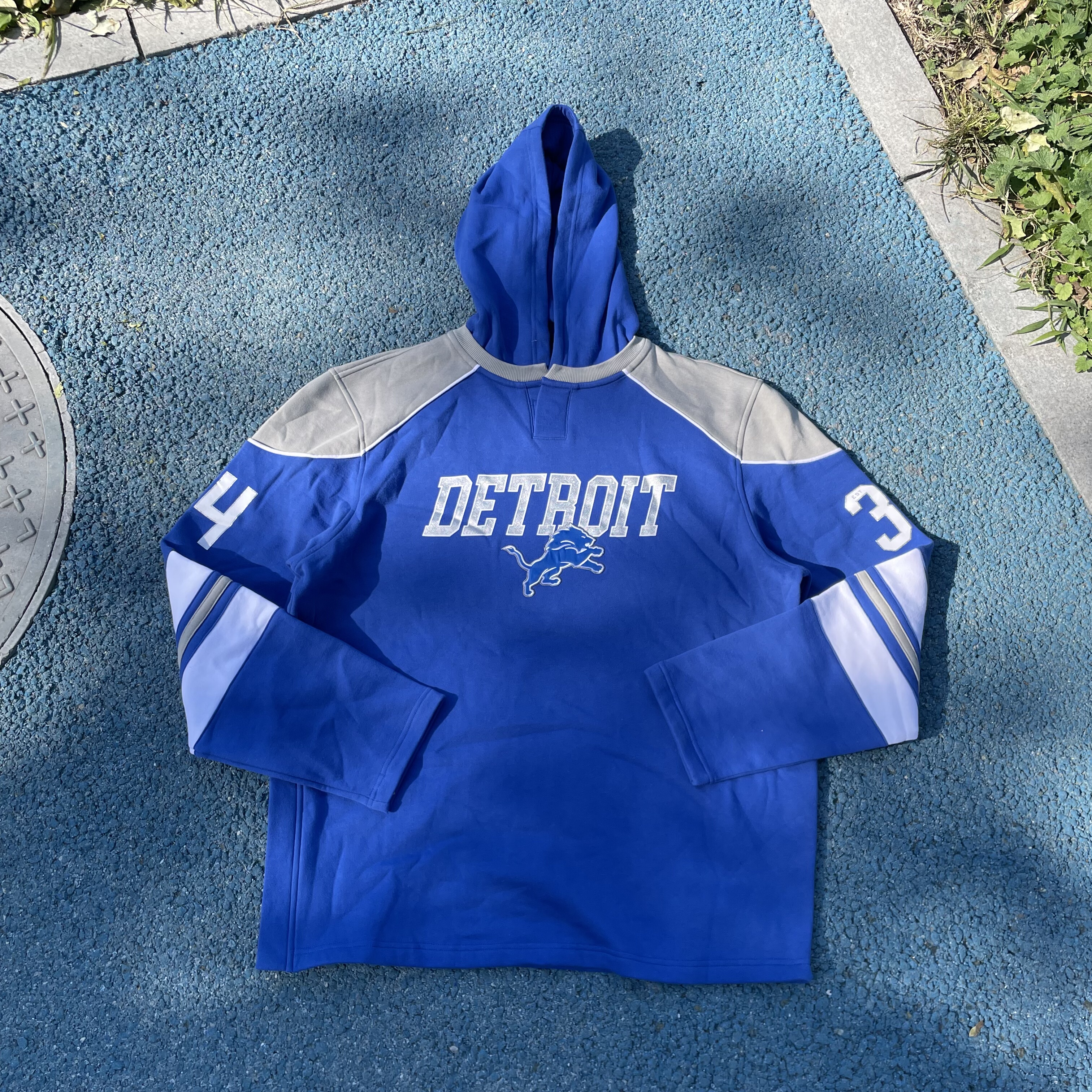 原D男新款美式街头潮牌底特律NFL棉涤水洗加绒复古印花宽松帽衫