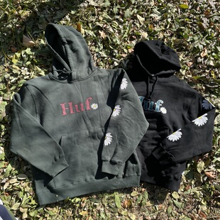 原D新款 街头潮牌HF棉水洗加绒复古宽松滑板连帽卫衣印花 美式