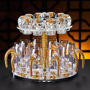 中式 家用玻璃小号一口杯子刻度带把分酒器酒盅 金箔水晶白酒杯套装