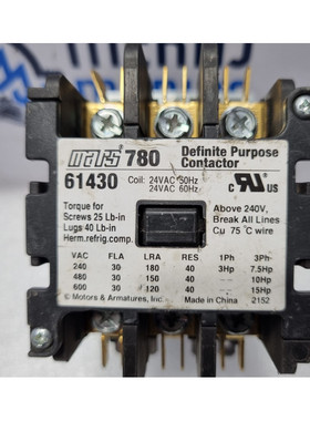 Mars 780 Definite Purpose Contactor 61430 24VAC 50Hz 24VAC 6