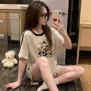 纯棉睡衣女士夏季圆领卡通可爱短袖短裤两件套学生休闲家居服套装