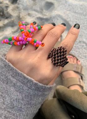 彩虹海葵米珠手工戒指