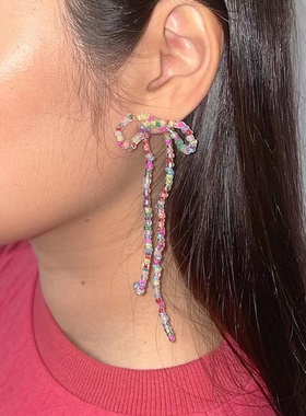 Fruta同款韩国小众设计彩色多巴胺蝴蝶结串珠925银耳钉耳环耳夹