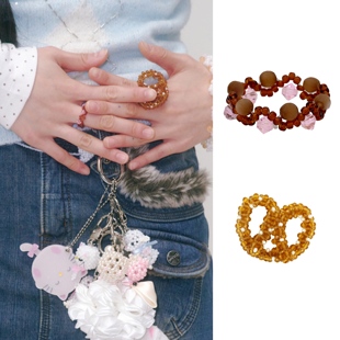 swingset同款草莓巧克力韩国水晶串珠戒指碱水结蝴蝶酥戒指指环