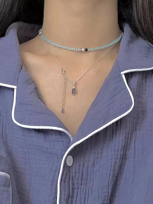 韩国同款小众设计MOODLOW 天蓝色珠串宝石水晶项链925银链
