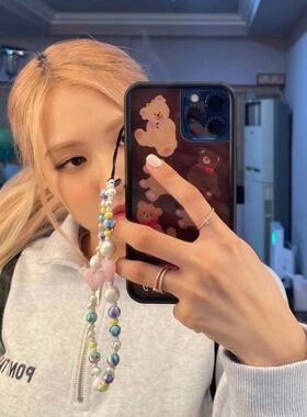 String Ting同款肯豆朴彩英y2k彩虹爱心手工串珠手机链挂