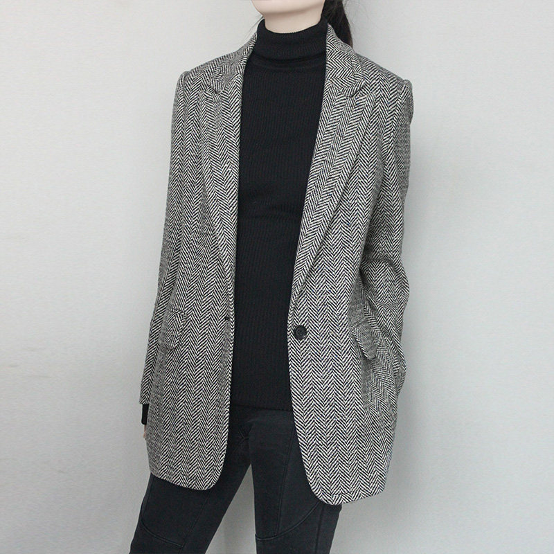 浪漫姐妹长袖休闲西装加厚人字纹