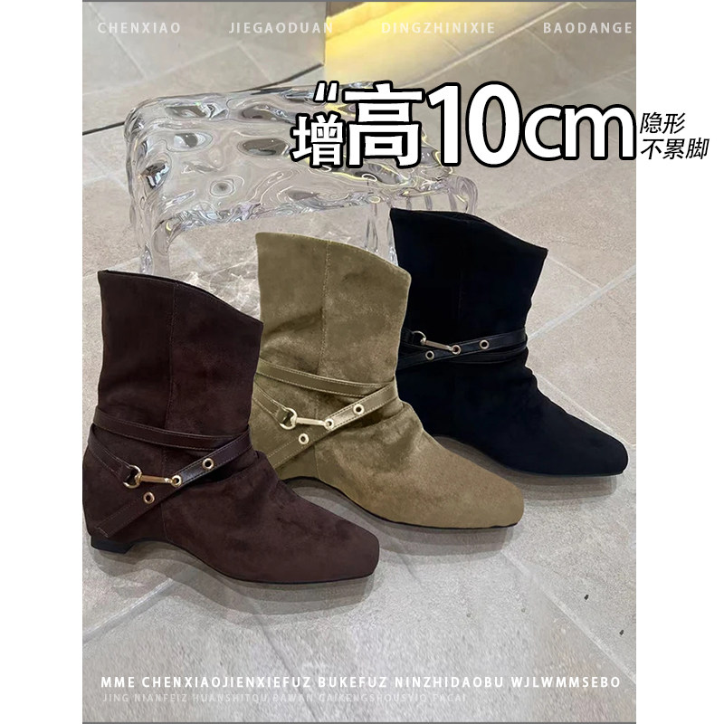 不累脚!内增高10CM方头绒面靴子2026年秋季猫跟堆堆靴短筒靴女