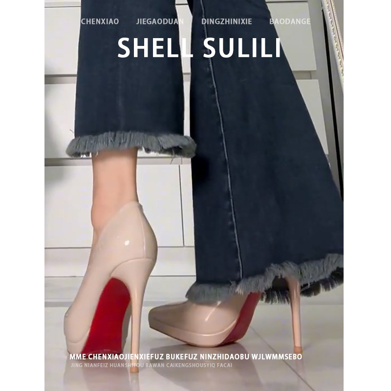 不累脚百搭漆皮细跟宴会单鞋侧空