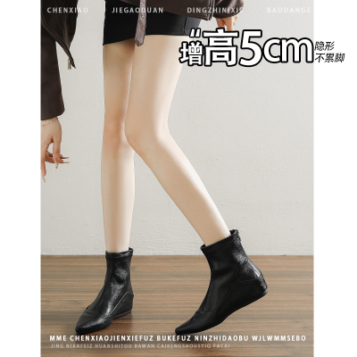 不累脚！小个子内增高5CM瘦瘦靴2025秋冬新款尖头侧拉链短筒靴女