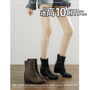 内增高10CM！不累脚短靴皮面圆头靴子女2025冬季新款加绒短筒靴