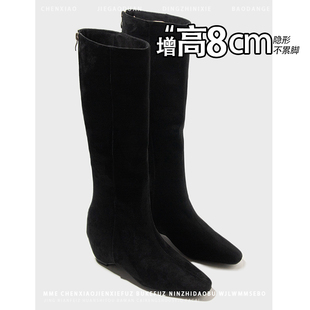 内增高8CM！小个子方头绒面黑色靴子2025秋冬新款后拉链中筒靴女