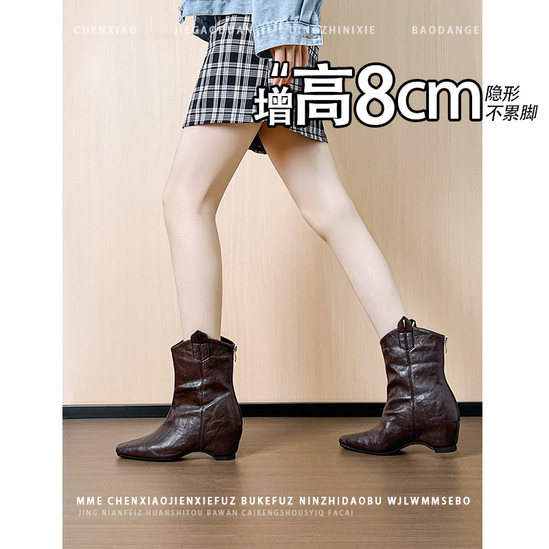 不累脚!小个子内增高8cm韩版短靴女2026冬新款方头后拉链时装靴
