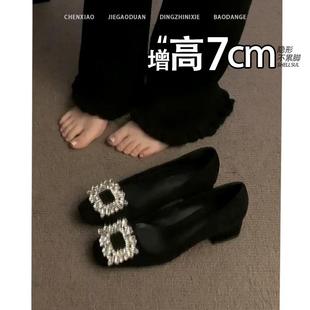 不累脚!隐形内增高7CM单鞋女2026春夏季水钻方扣黑色玛丽珍单鞋