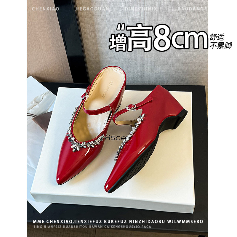 不累脚！内增高8CM尖头玛丽珍半托2026春夏新款一字扣浅口单鞋女