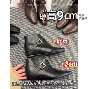 不累脚！隐形内增高9CM方头靴子2026春新款小个子套筒短筒靴女