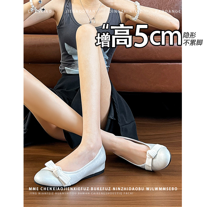 不累脚!内增高5CM银色蝴蝶结浅口单鞋2026夏季新款圆头玛丽珍鞋