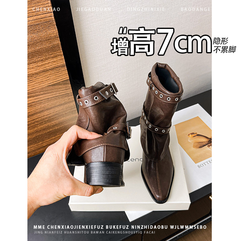 不累脚！内增高7CM尖头骑士靴女2026年冬季皮带扣粗跟靴子短筒靴