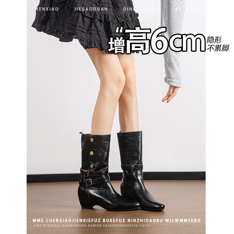 不累脚！内增高6CM黑色两穿骑士靴2026年冬季豹纹皮带扣短筒靴女