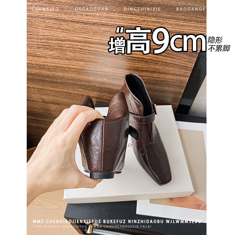 不累脚!内增高9CM方头小皮鞋2026年秋季小个子皮带扣深口单鞋女