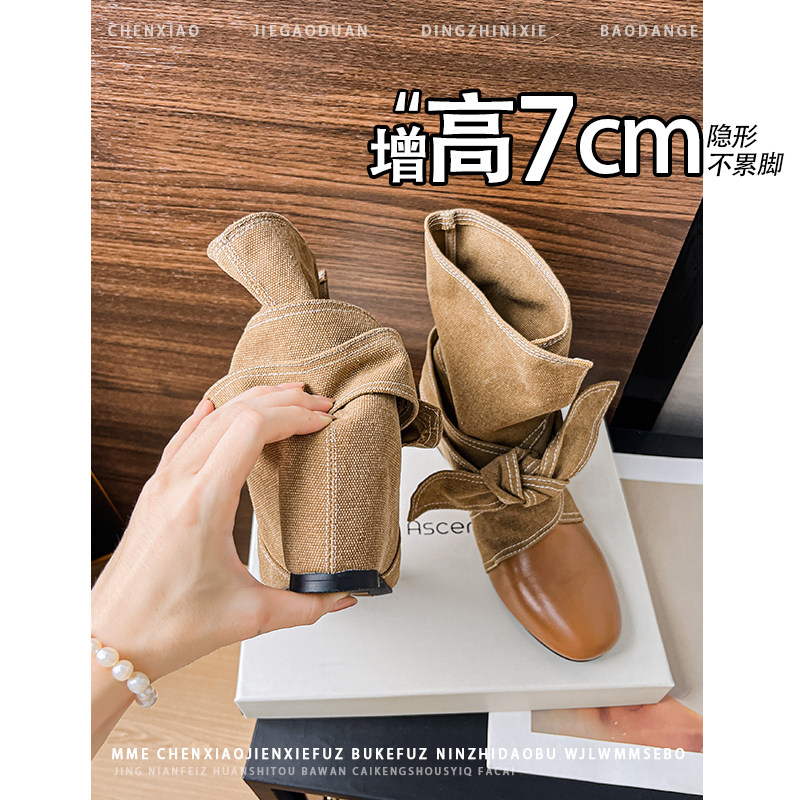 不累脚!内增高7CM绑带西部牛仔靴2026年秋季拼接小个子短筒靴女