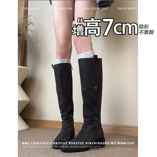 小个子内增高7CM长筒靴2025秋冬靴子金属扣粗跟靴长靴女靴子灰色