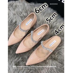 隐形内增高浅口单鞋 水钻尖头半托玛丽珍女鞋 女春夏新款 裸色高跟鞋