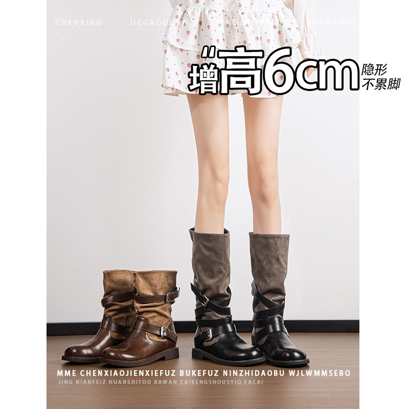不累脚！内增高6CM欧美风皮带扣骑士靴女2026秋冬新款机车时装靴