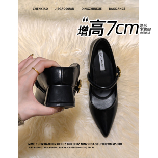 女 尖头一字带单鞋 不累脚 隐形内增高7CM小个子玛丽珍2026春夏季