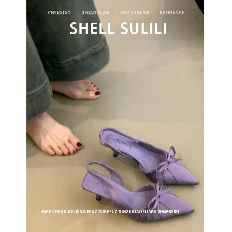 不累脚！2025秋冬款紫色高跟鞋蝴蝶结仙女风细跟浅口小香风单鞋女